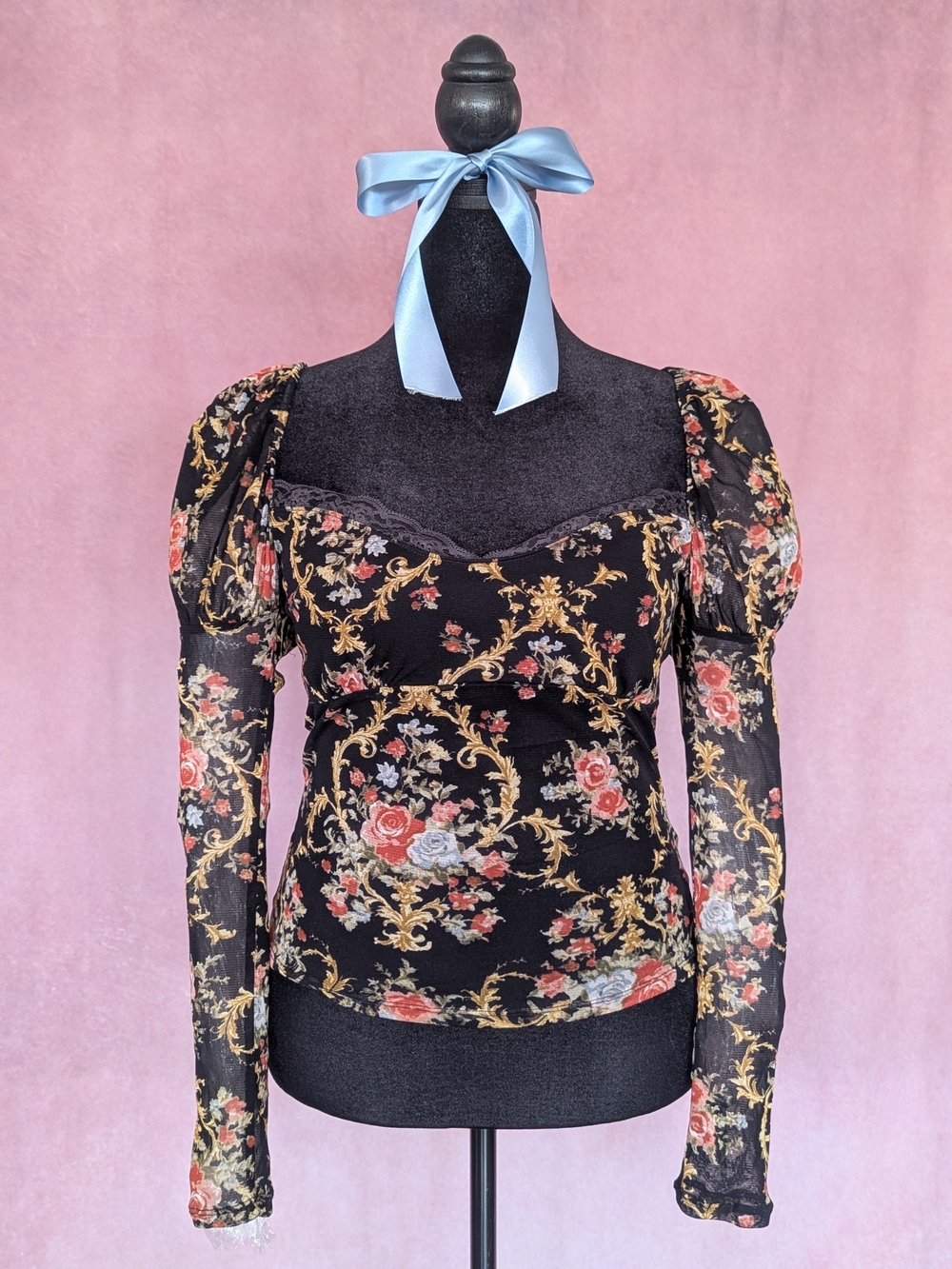 Kimchi Blue Ornate Floral Mesh Sweetheart Top | Juliet Sleeves | Size L